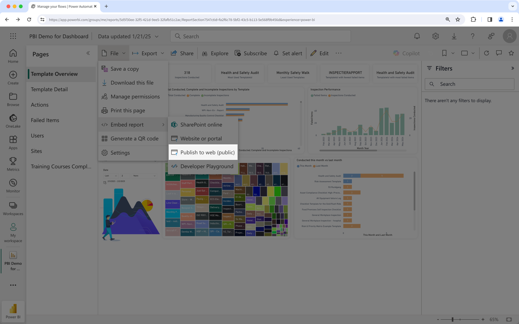 Sélectionnez Publier sur le Web (public) dans Microsoft Power BI.