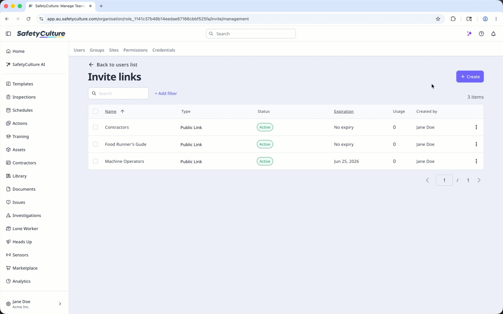 Click 'Create' on the upper right side of the users list and fill out the necessary details to create an invite link.