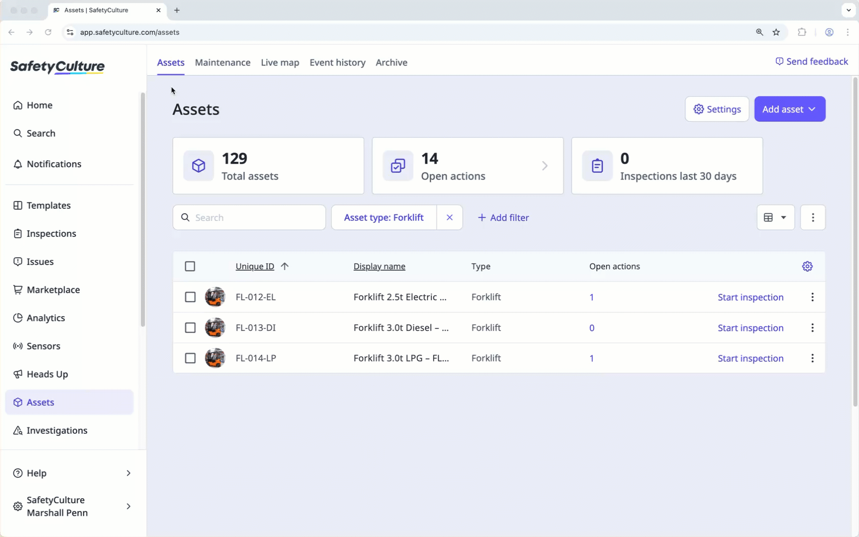 View all open actions for assets in your organization via the web app.