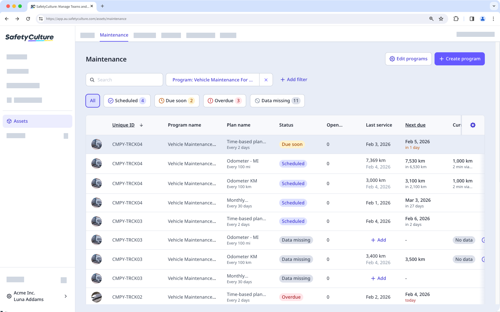 Affichez les programmes de maintenance des actifs via l'application Web.