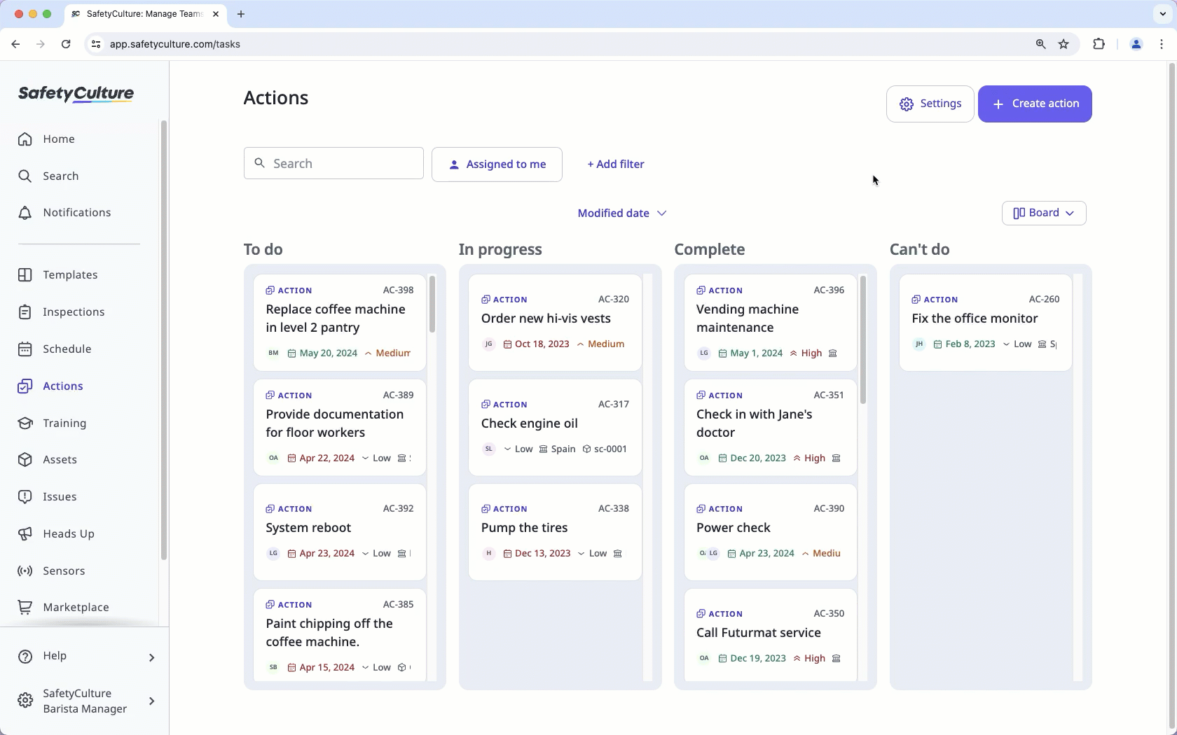 Move an action to a status while using the Board view via the web app.