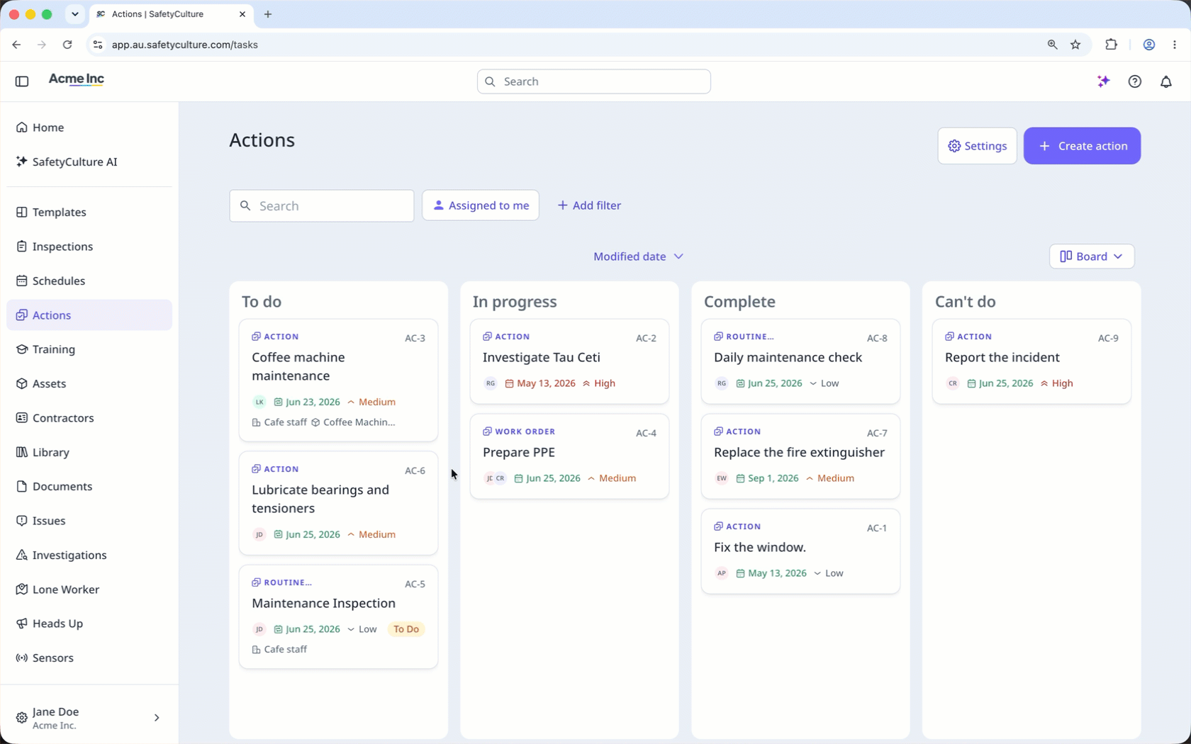 Move an action to a status while using the Board view via the web app.
