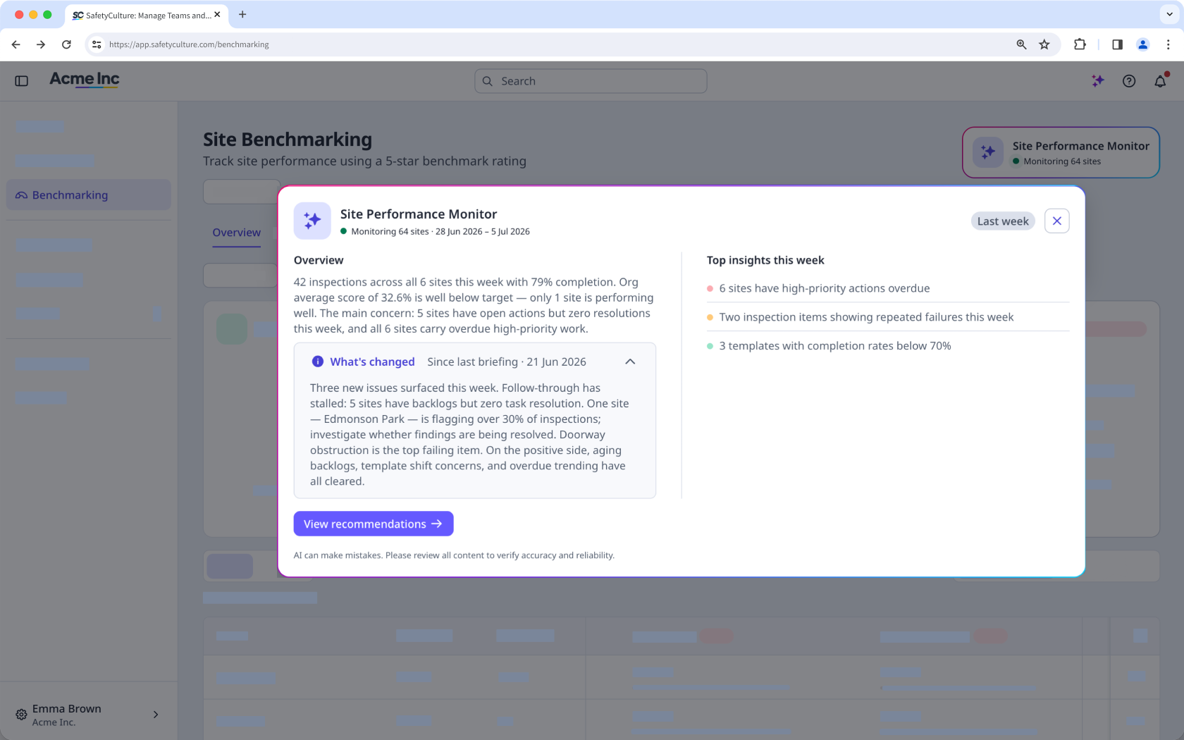 The Overview page showing the Site Performance Monitor pop-up window.