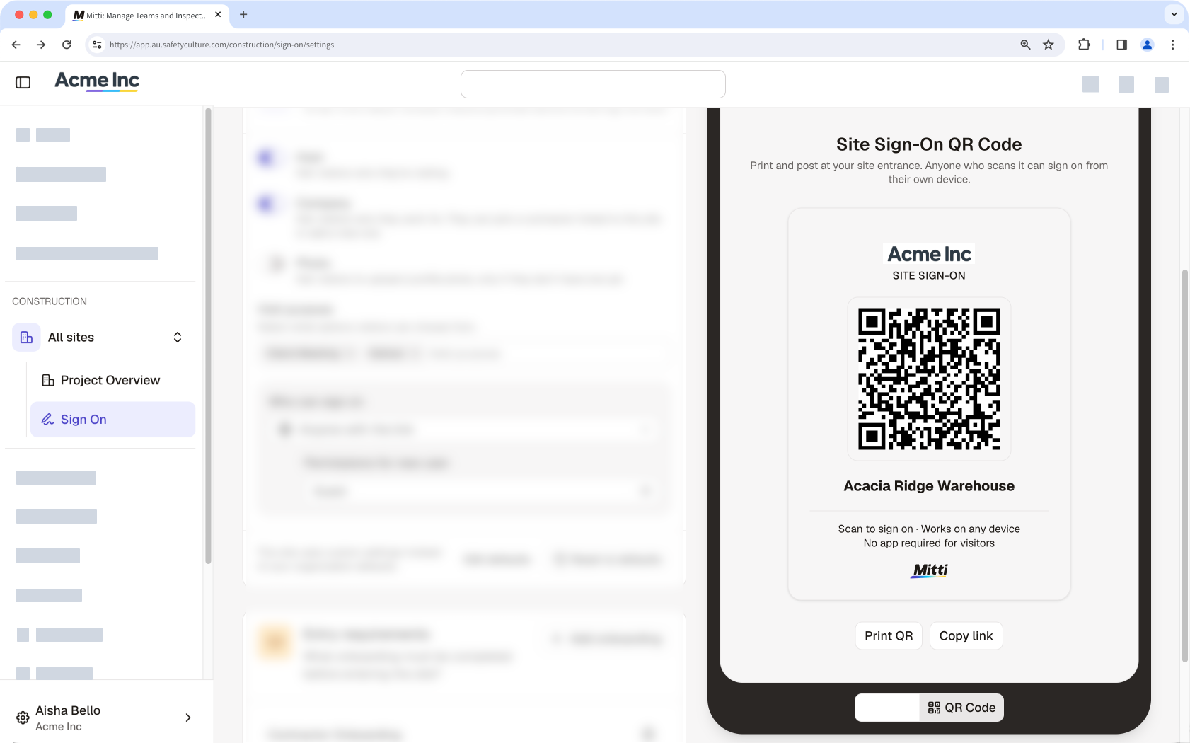 The Site Sign-On QR code for Acacia Ridge Warehouse, with options to print or copy the link.