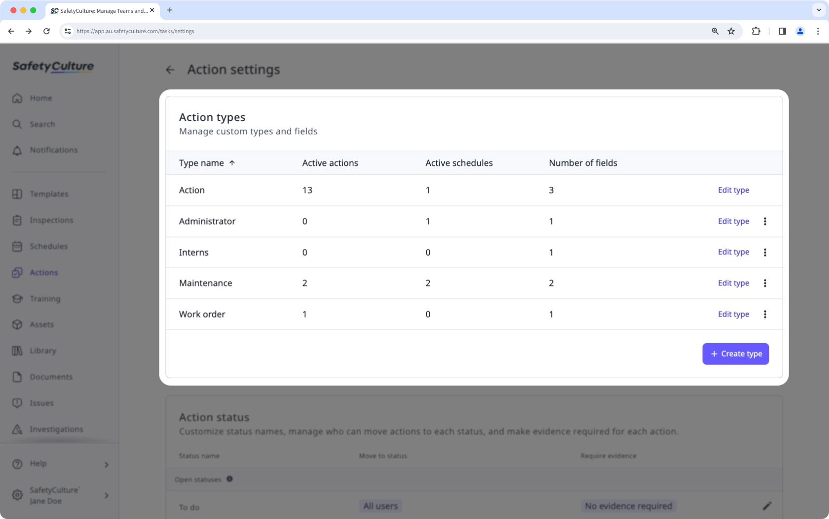 Mithilfe der SafetyCulture Web-App benutzerdefinierte Aktionstypen verwalten.