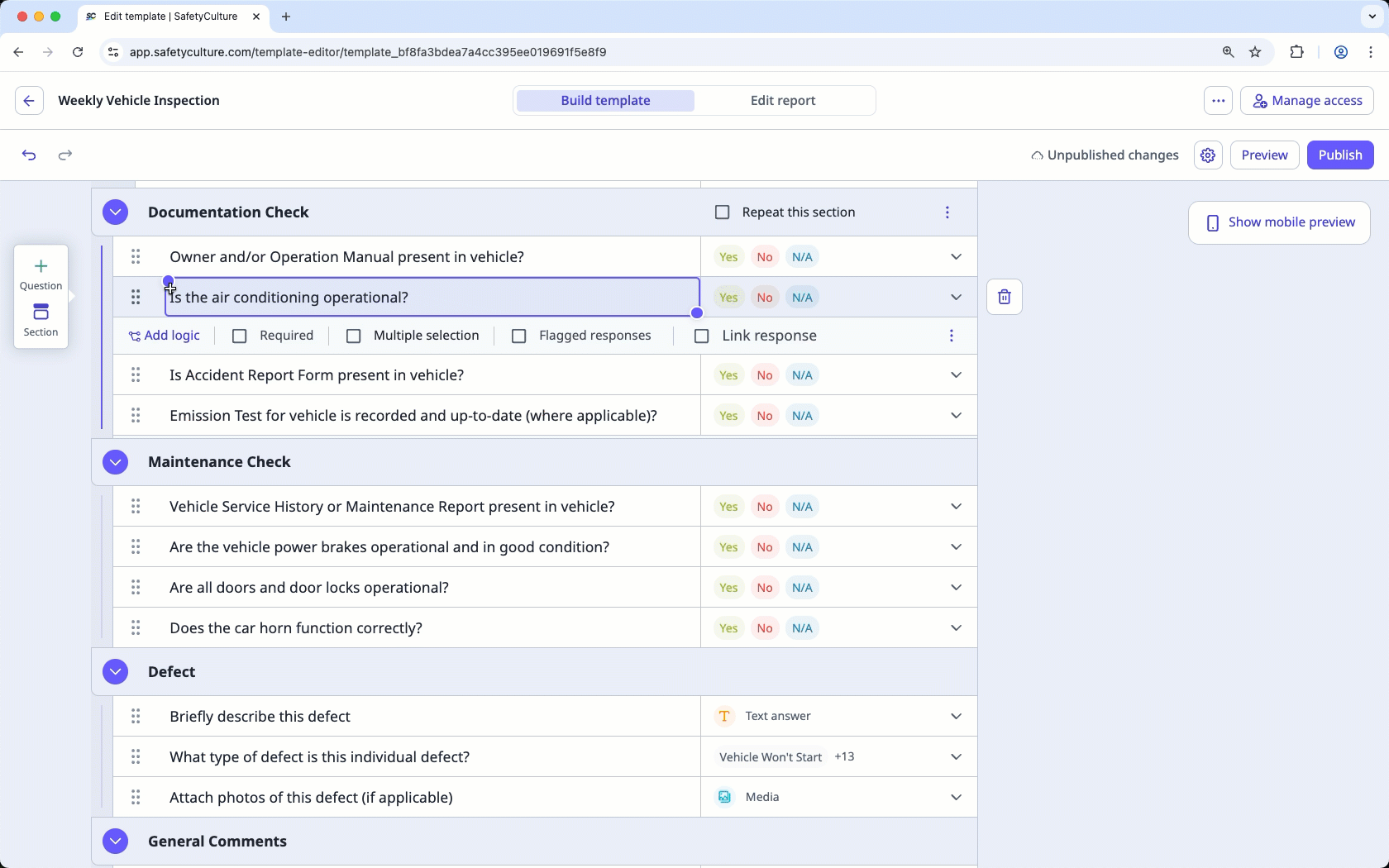 Move a question in the template editor via the web app.