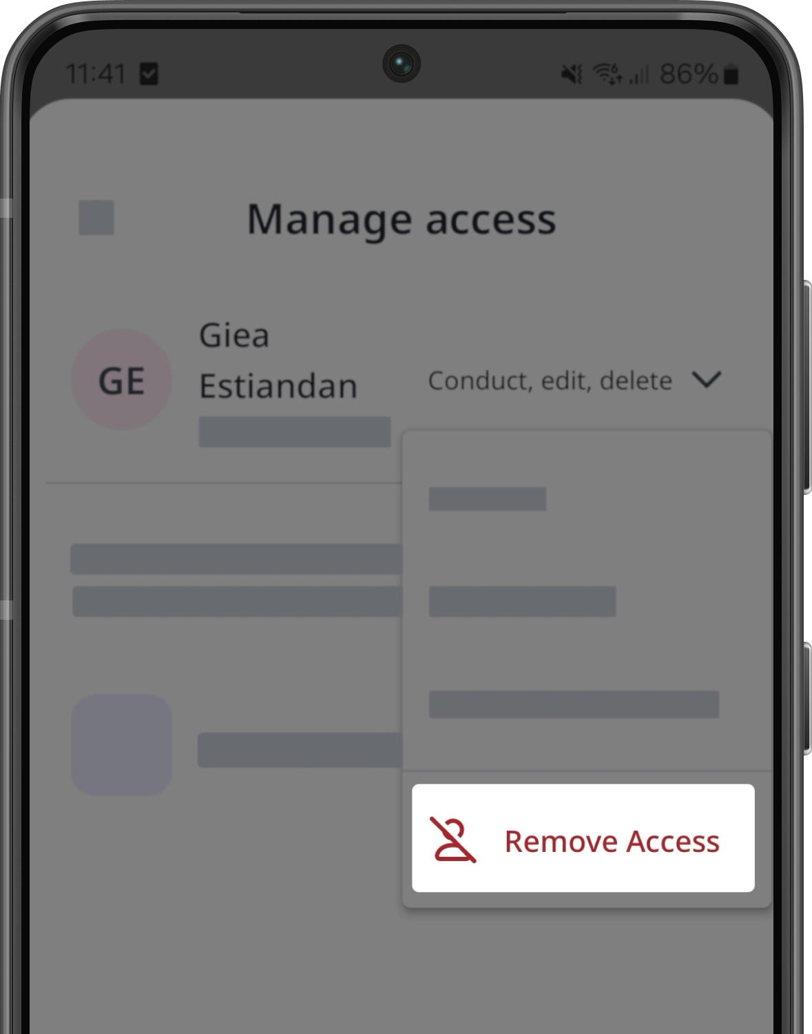 La pantalla "Gestionar acceso" con el botón "Quitar acceso" visible.
