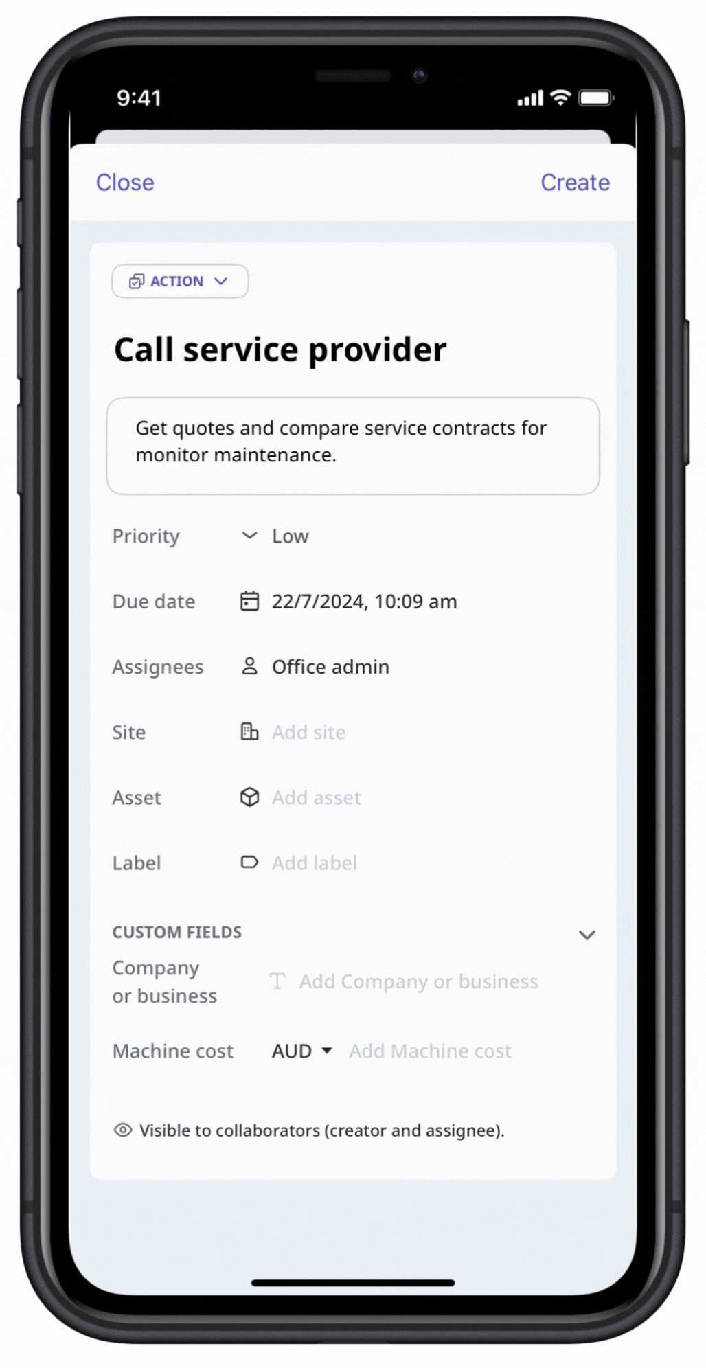 Search for an asset in an action via the mobile app.
