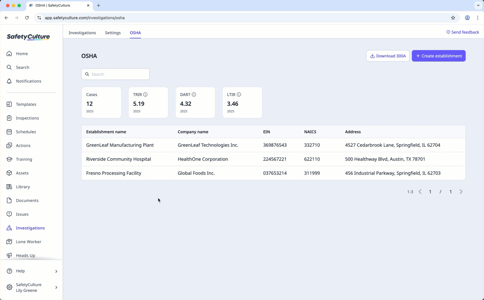 OSHA reporting in Investigations on the web app.