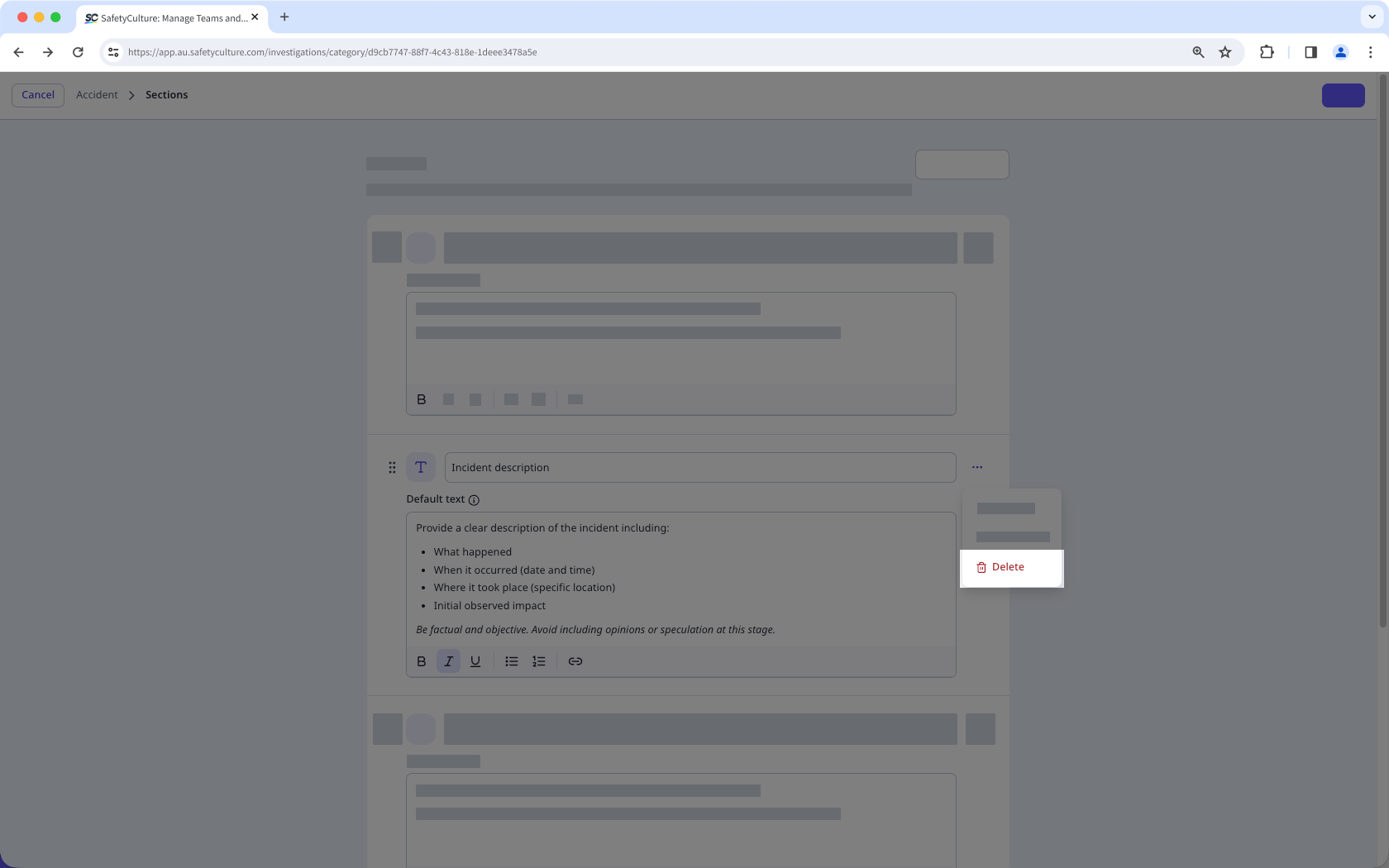 Das Überlaufmenü des Untersuchungsbereichs ist geöffnet, wobei die Option „Löschen“ angezeigt wird.