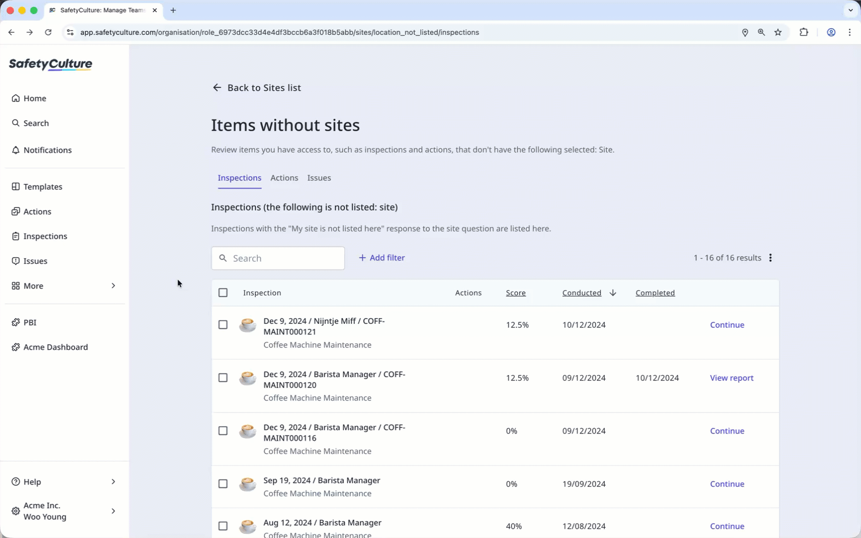 Ver inspecciones, acciones y contratiempos enviados sin sitios a través de la aplicación web.
