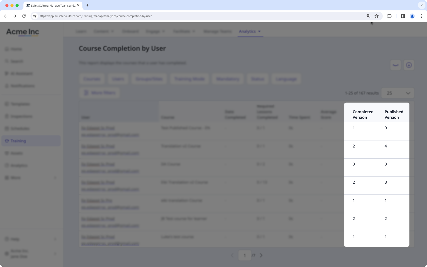 Ver las versiones completadas y publicadas de la finalización del curso de cada usuario en "Finalización del curso por parte de los usuarios" a través de la aplicación web.