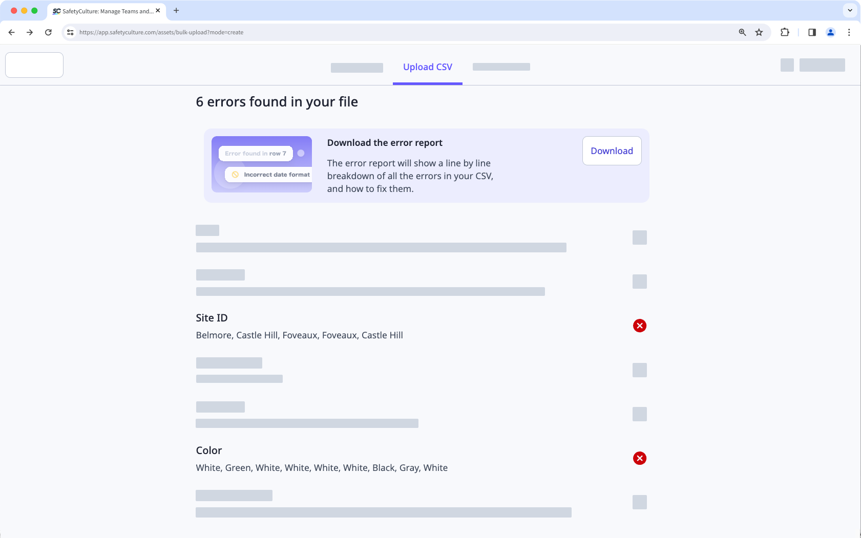 Descargue el informe de errores en CSV a través de la aplicación web.