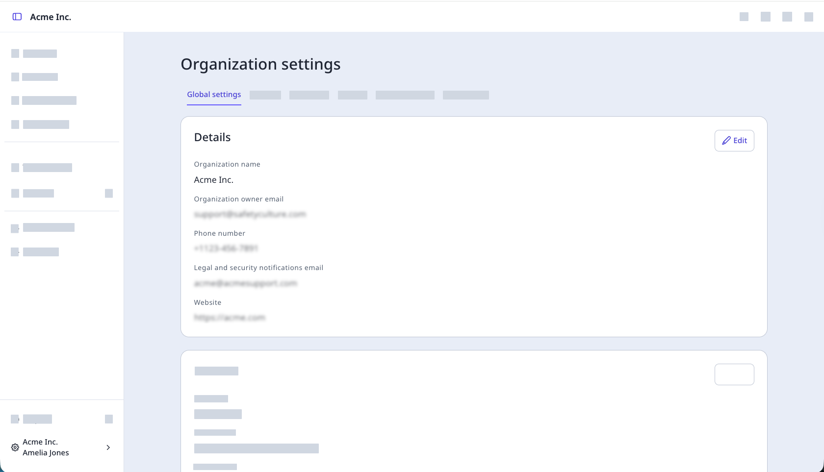 Die Details der Organisation sind auf der Registerkarte Globale Einstellungen der Einstellungsseite der Organisation sichtbar.