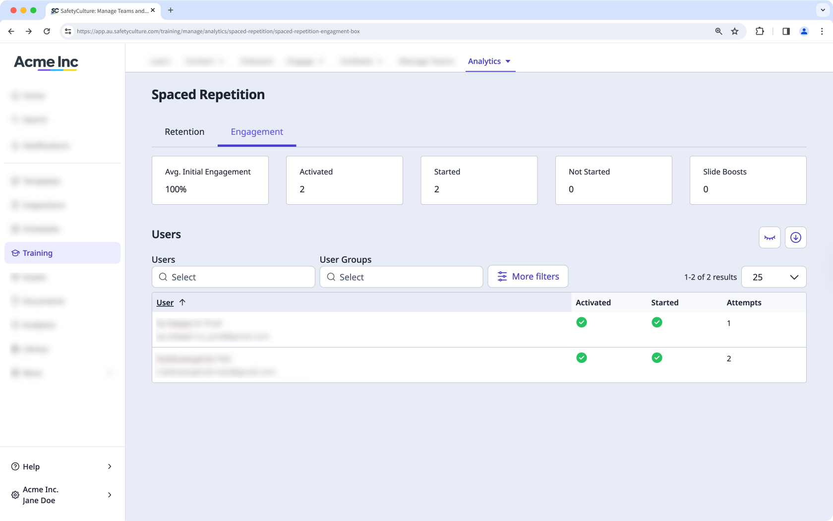 Sie können den Tab „Engagement“ in den Analysen zu Spaced Repetition über die Web-App anzeigen.