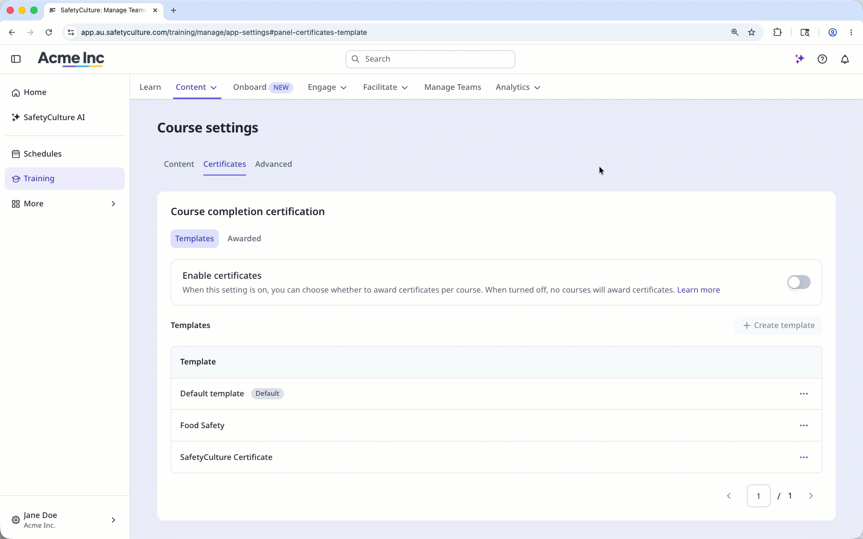 Create a certificate template on the web app.