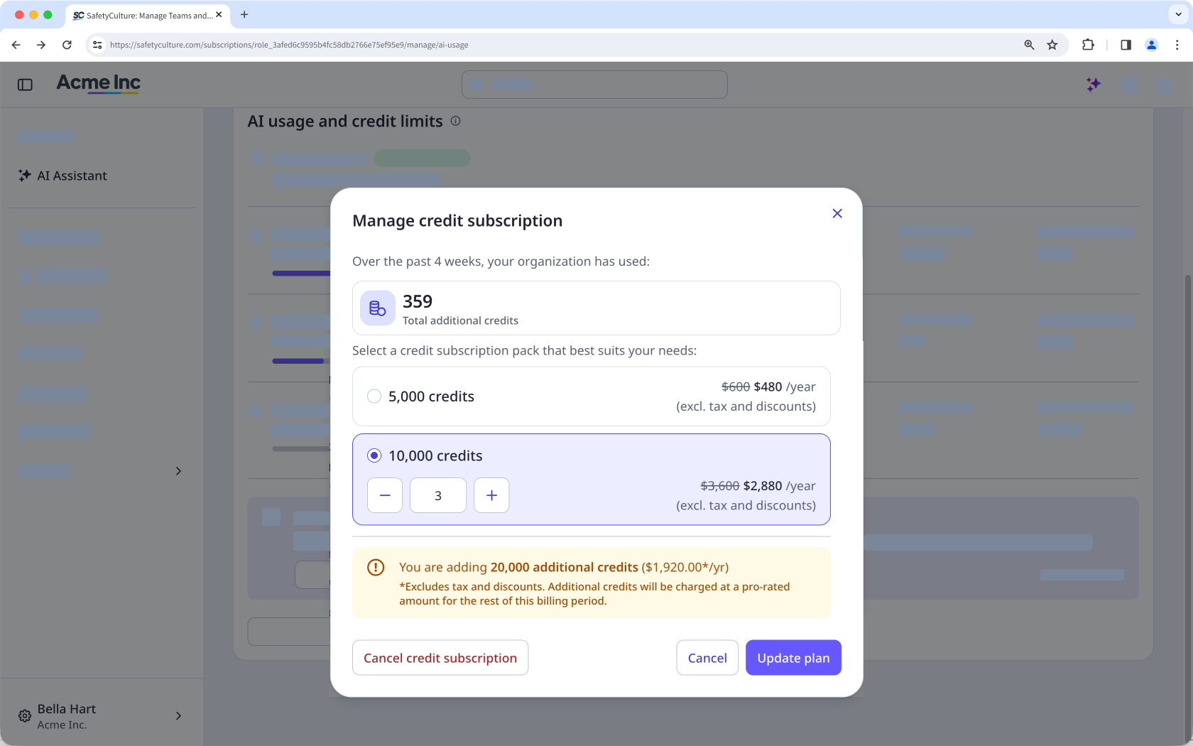 Manage credit subscription dialog with the 10,000-credit pack quantity increased to 3, showing the updated price and pro-rated cost for the added credits, with an Update plan button to confirm.