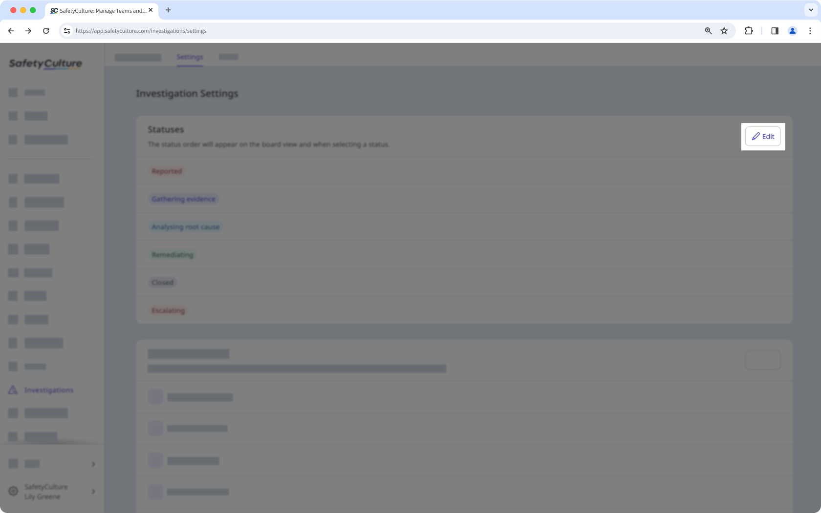 Edite un estado personalizado de investigación a través de la aplicación web.