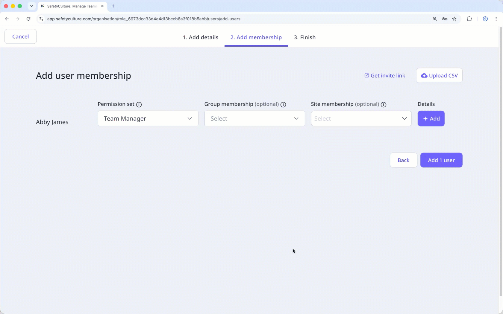 Select 'Team Manager' permission set and add user field details for the new user.
