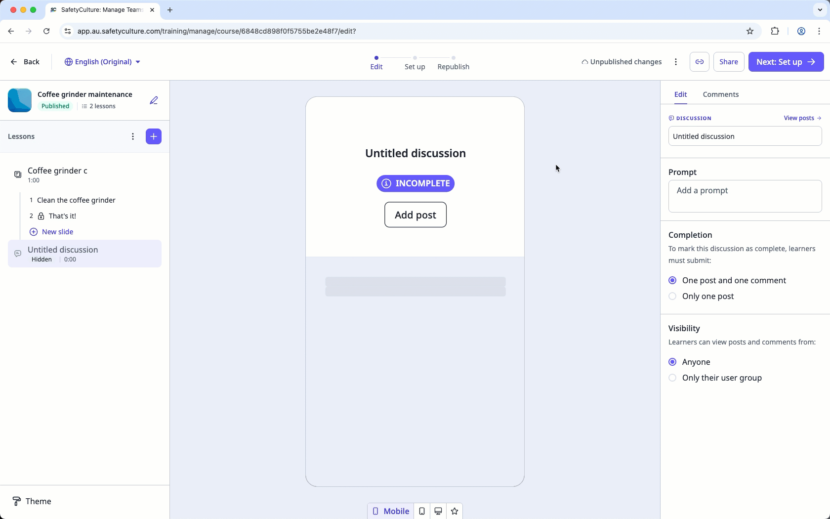 Create a discussion lesson via the web app to encourage your team members to exchange and share ideas.