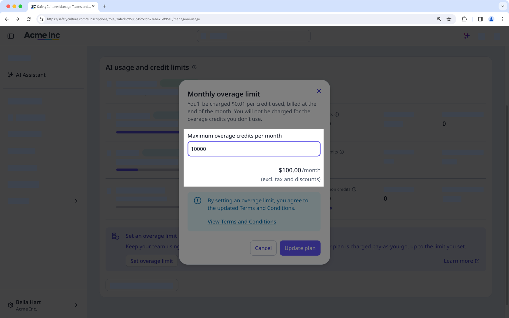 Monthly overage limit dialog with a new value entered in the maximum overage credits field, showing the updated monthly cost, with an Update plan button to confirm.