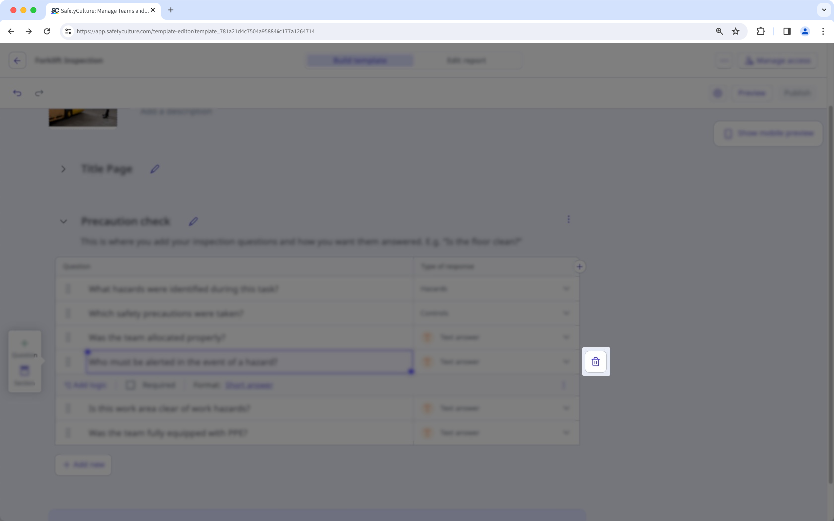 Elimine una pregunta en una plantilla a través de la aplicación web.