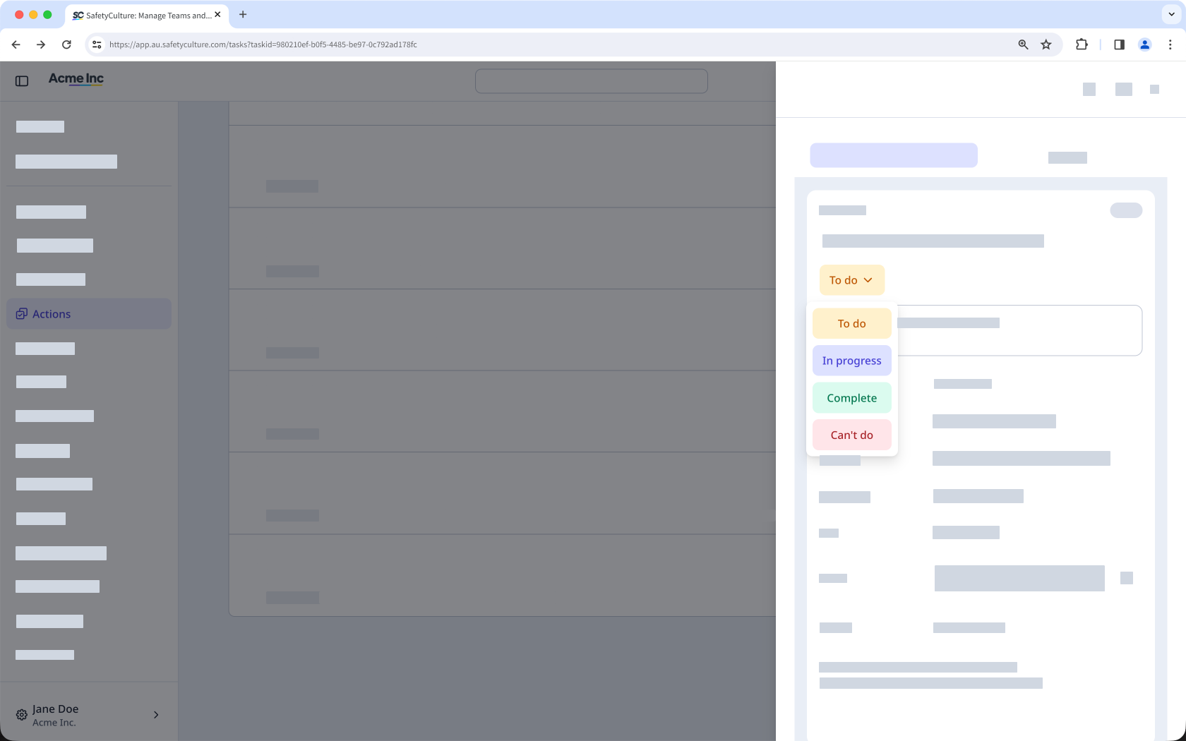 Move an action to a status on the web app.