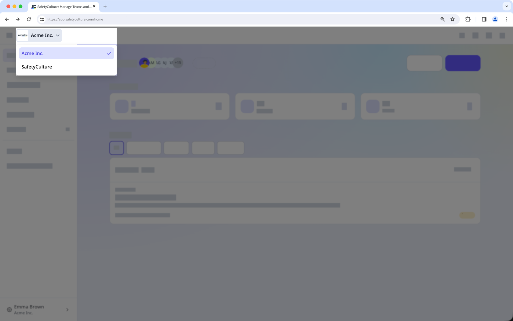 The Home page open showing the option to switch between organizations.