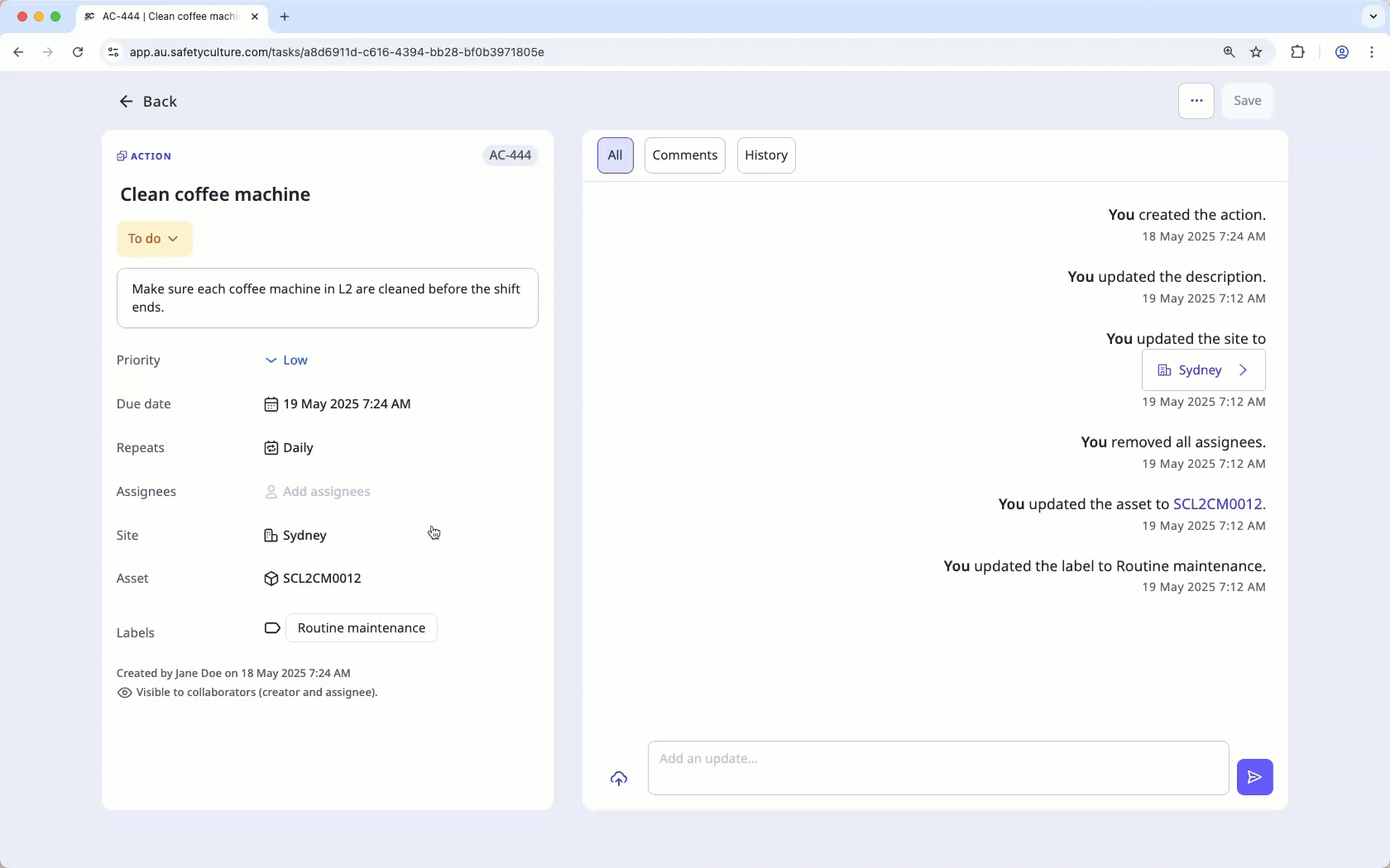Assign an action externally using an email via the web app.