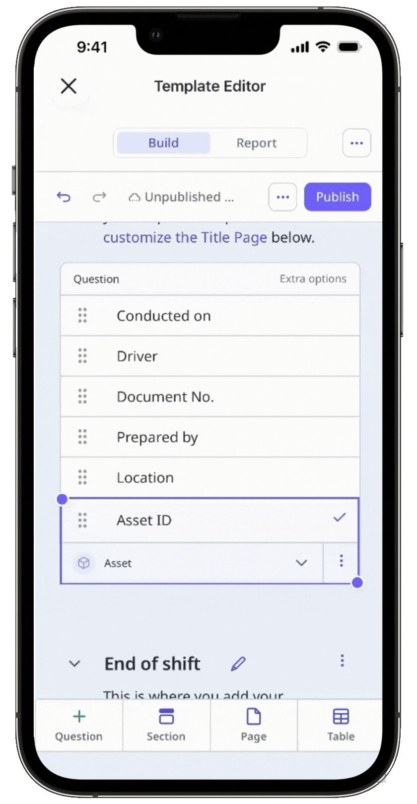 Saisir les relevés pour les questions relatives aux actifs via l'application portable.