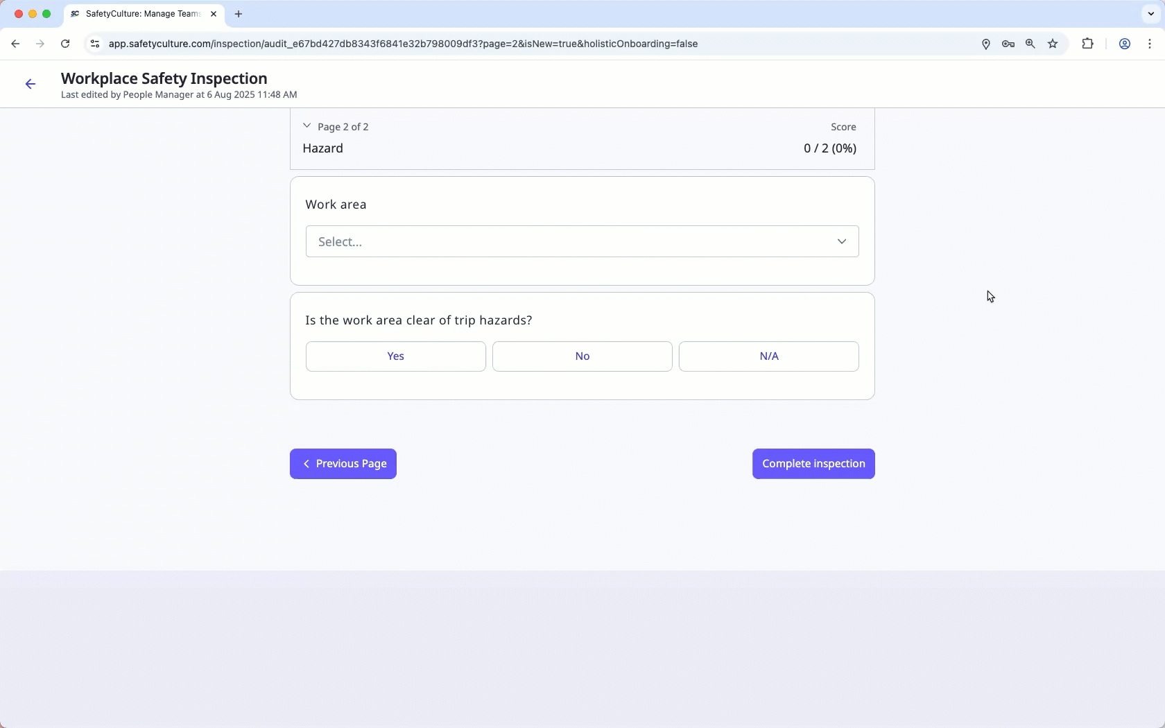 Inspections with customized note, media, and action in templates via the web app.
