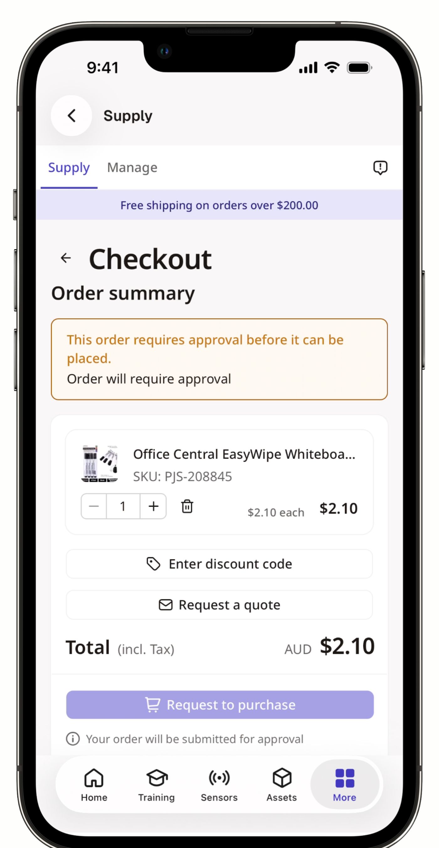 The mobile Checkout screen showing an order flagged for required approval before purchase.