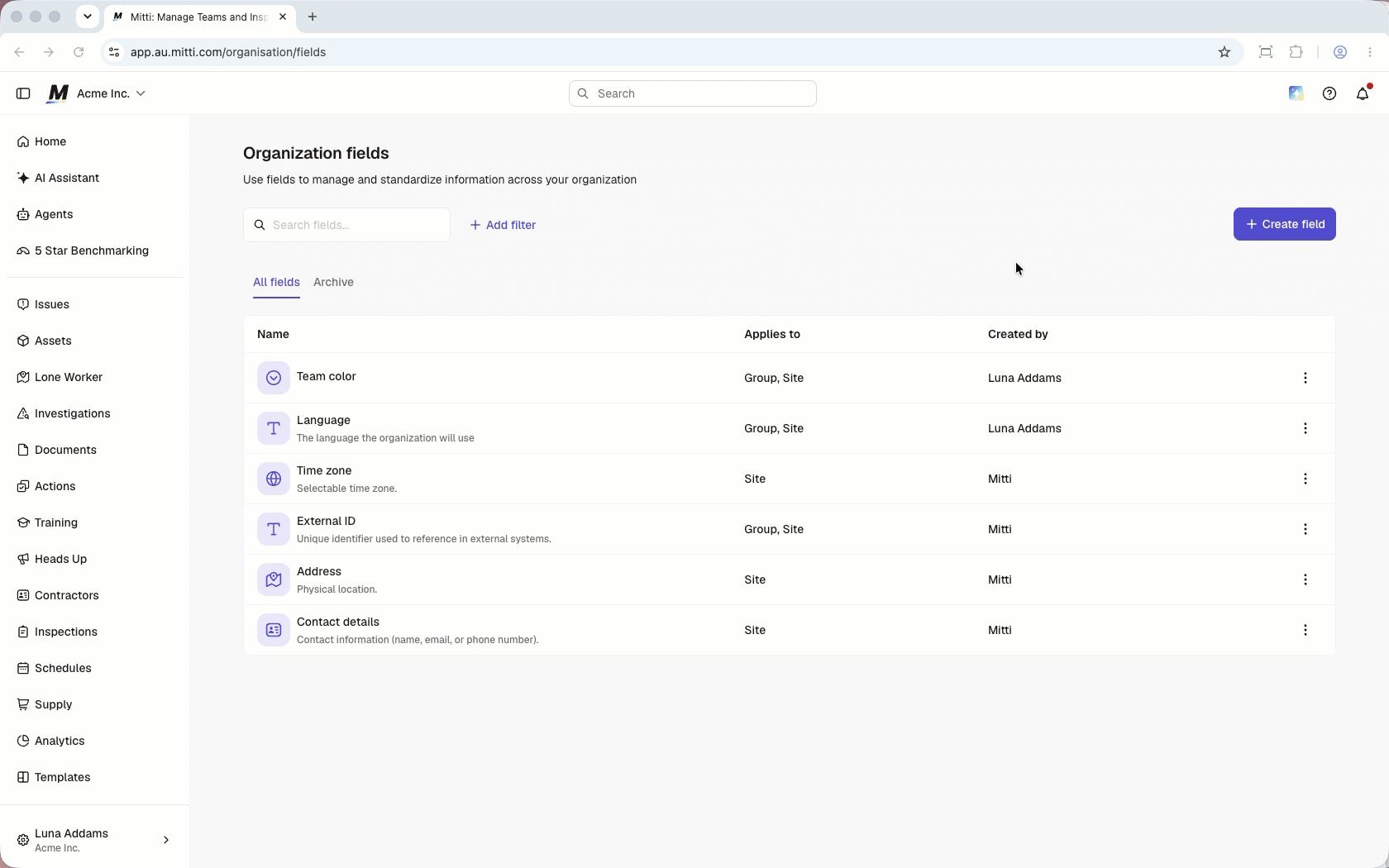 Fill in the field details and configure the field settings to create a custom organization field.