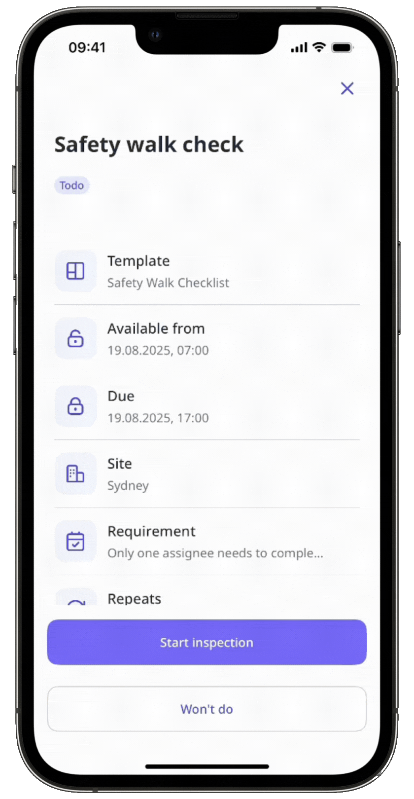 Mark an inspection schedule as “Won’t do” in the new experience via the mobile app.