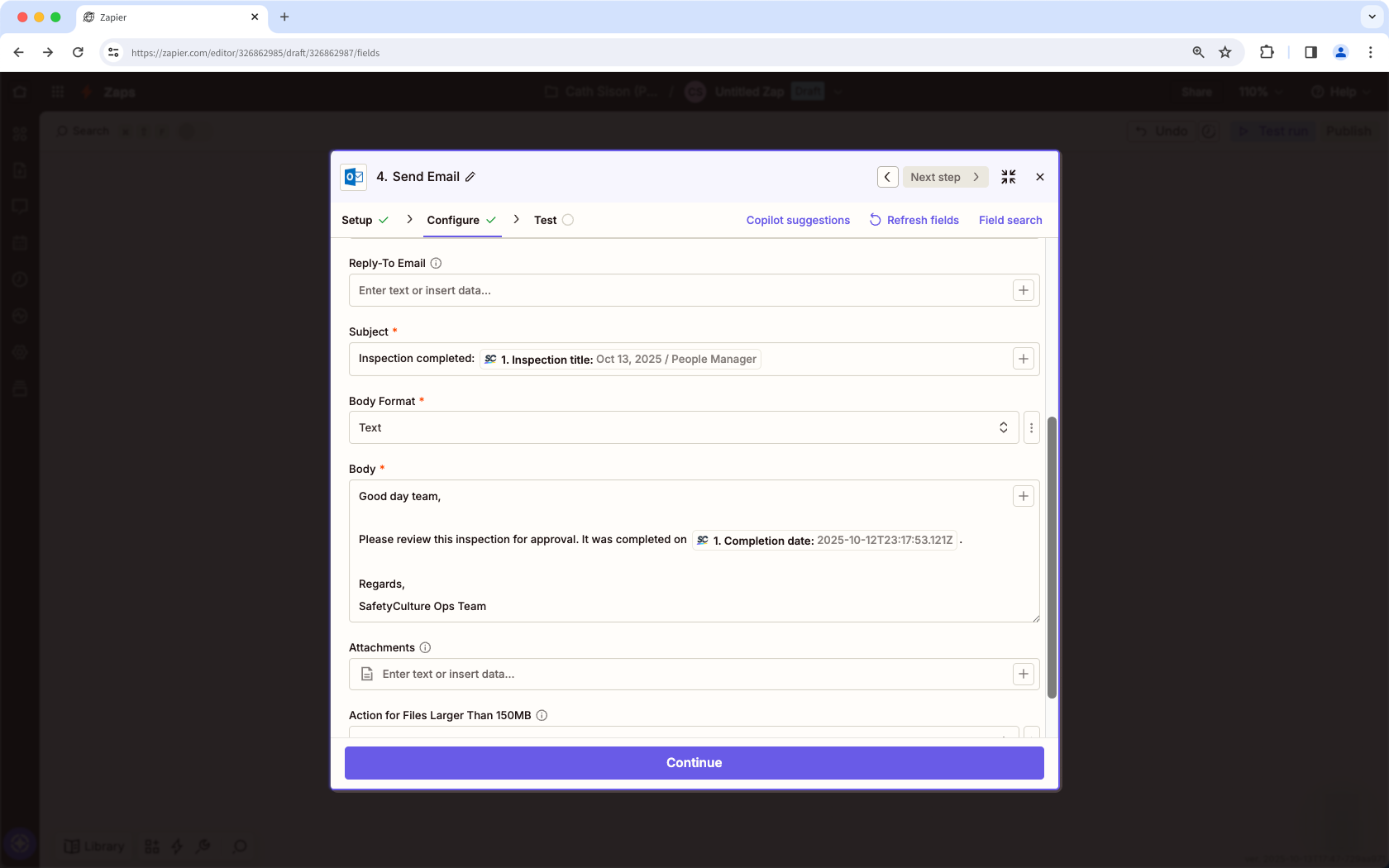 Enviar informes de inspección automáticamente por correo electrónico con Zapier a través de Microsoft Outlook.