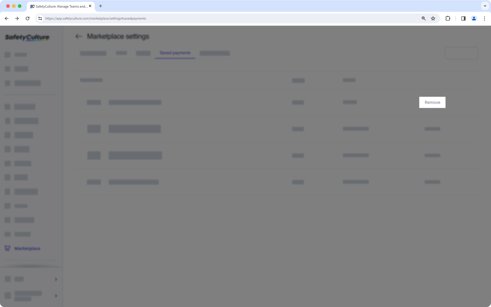 Remove a credit card in Marketplace via the web app.