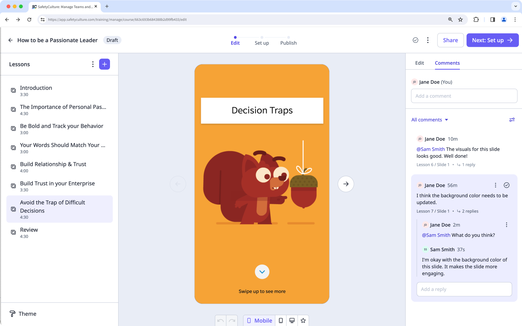 ¿Cómo funcionan los comentarios y las respuestas en las diapositivas de las lecciones a través de la aplicación web de SafetyCulture?