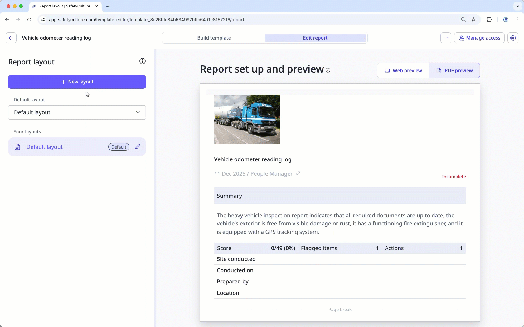 Edit an existing report layout in the template editor via the web app.