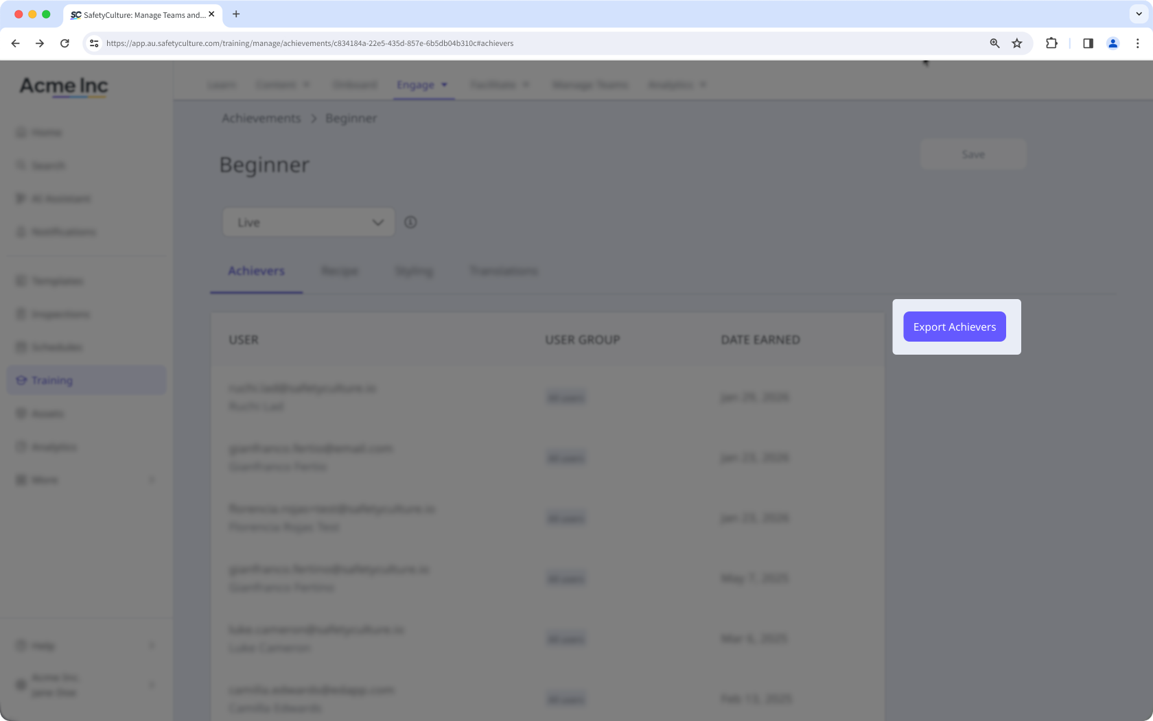 Exportar la lista de ganadores de un logro a través de la aplicación web.