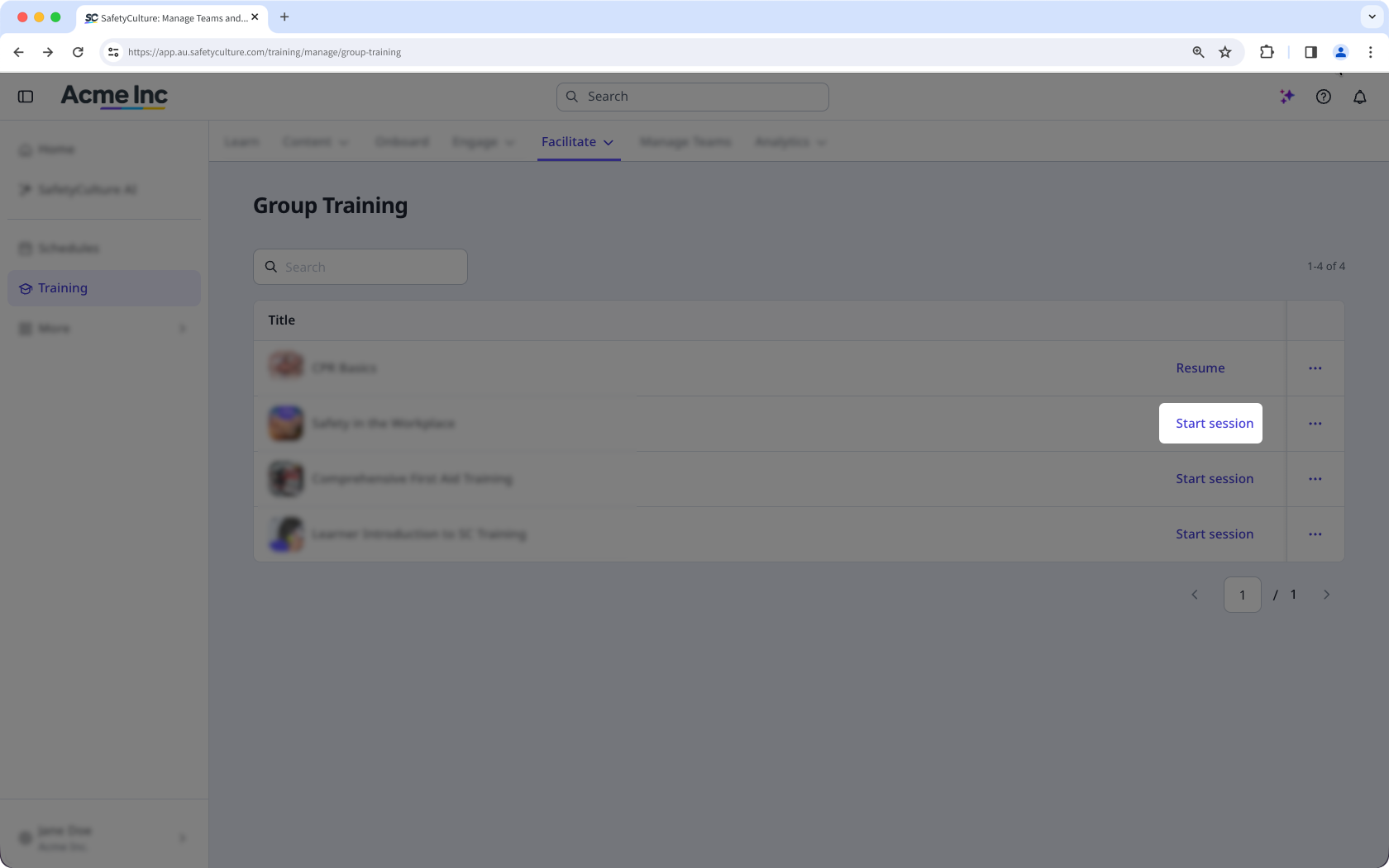 The Group Training page with the "Start session" button highlighted.