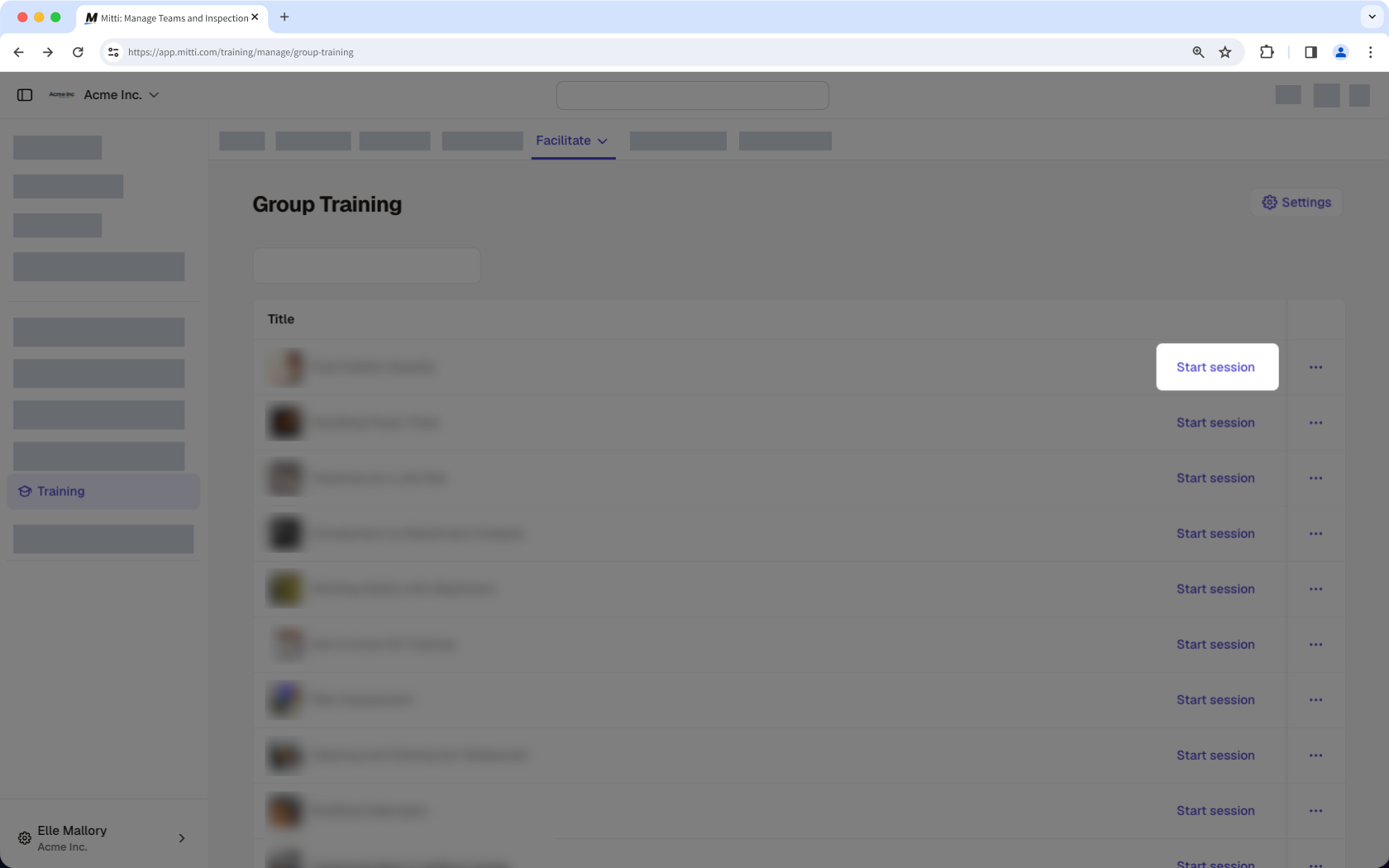 The Group Training page with the "Start session" button highlighted.