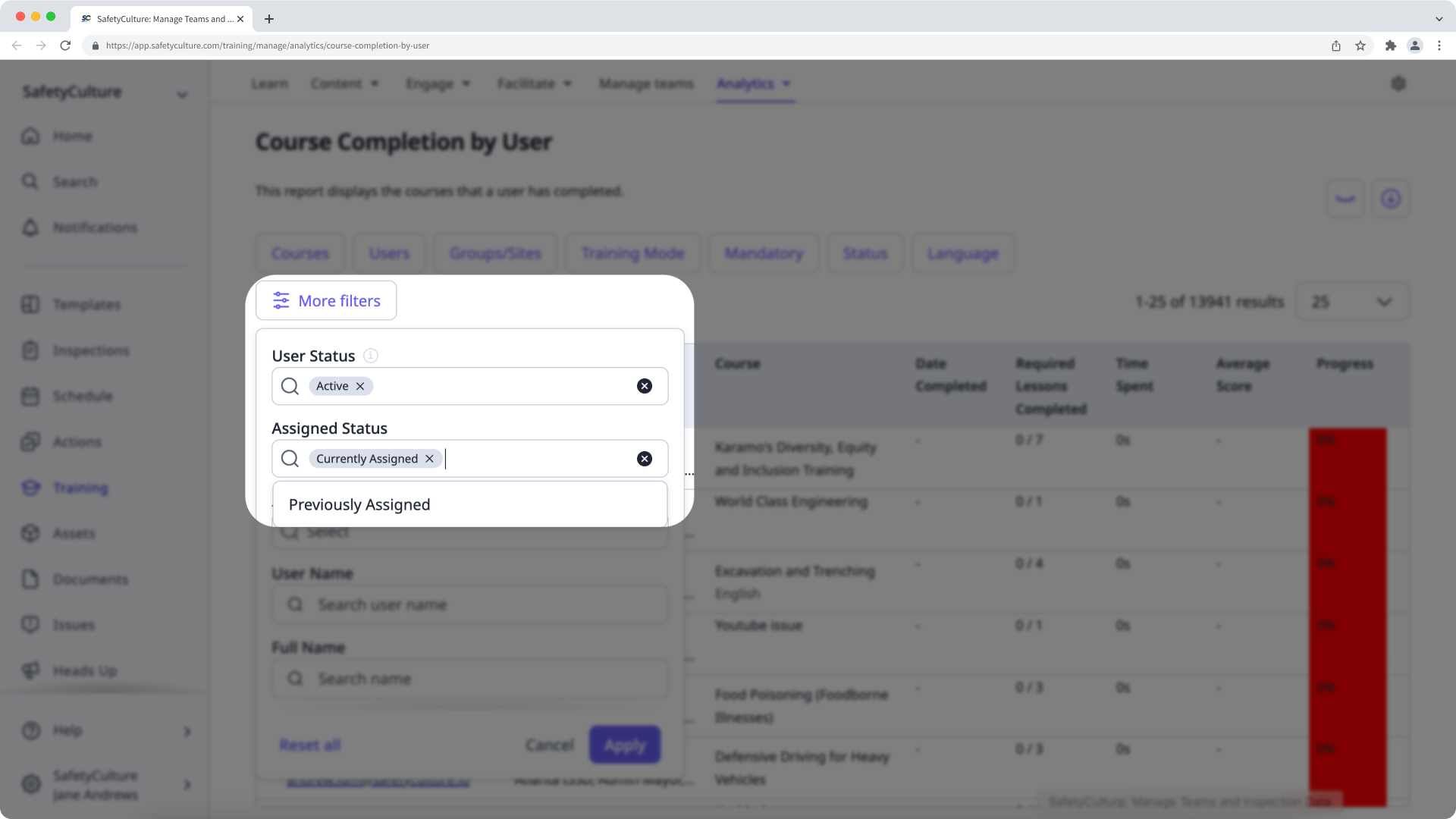 Filter by assigned status in training analytics via the web app.