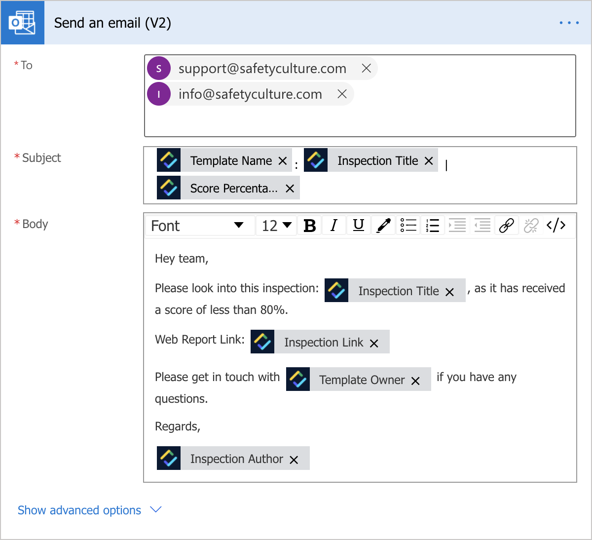 Un exemple d'action Outlook pour envoyer un lien de rapport d'inspection dans Power Automate.