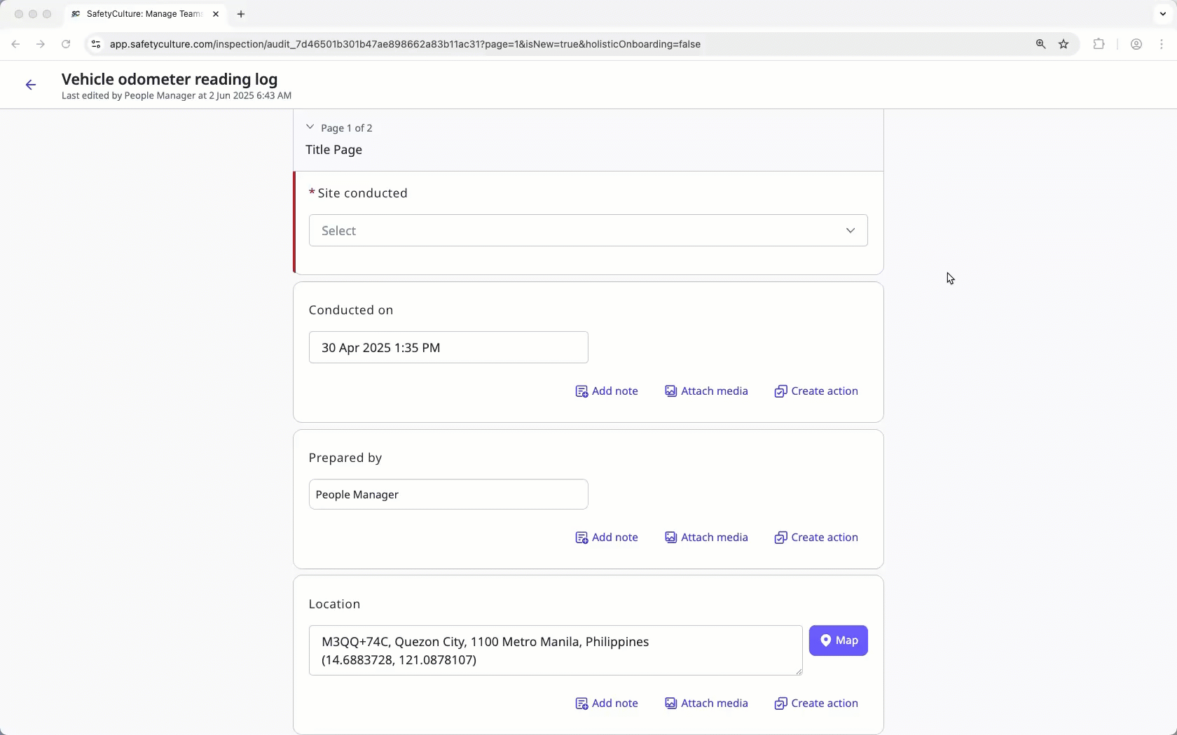 Add sites in an inspection via the web app.