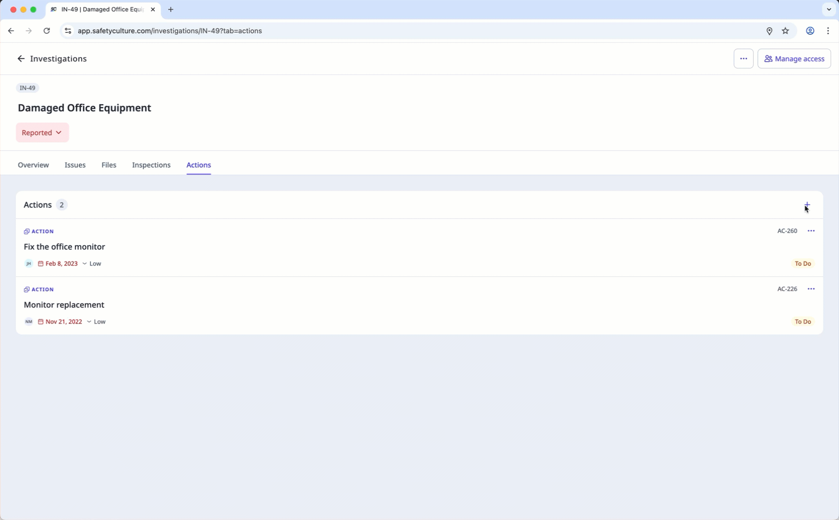 Create an action in an investigation via the web app.