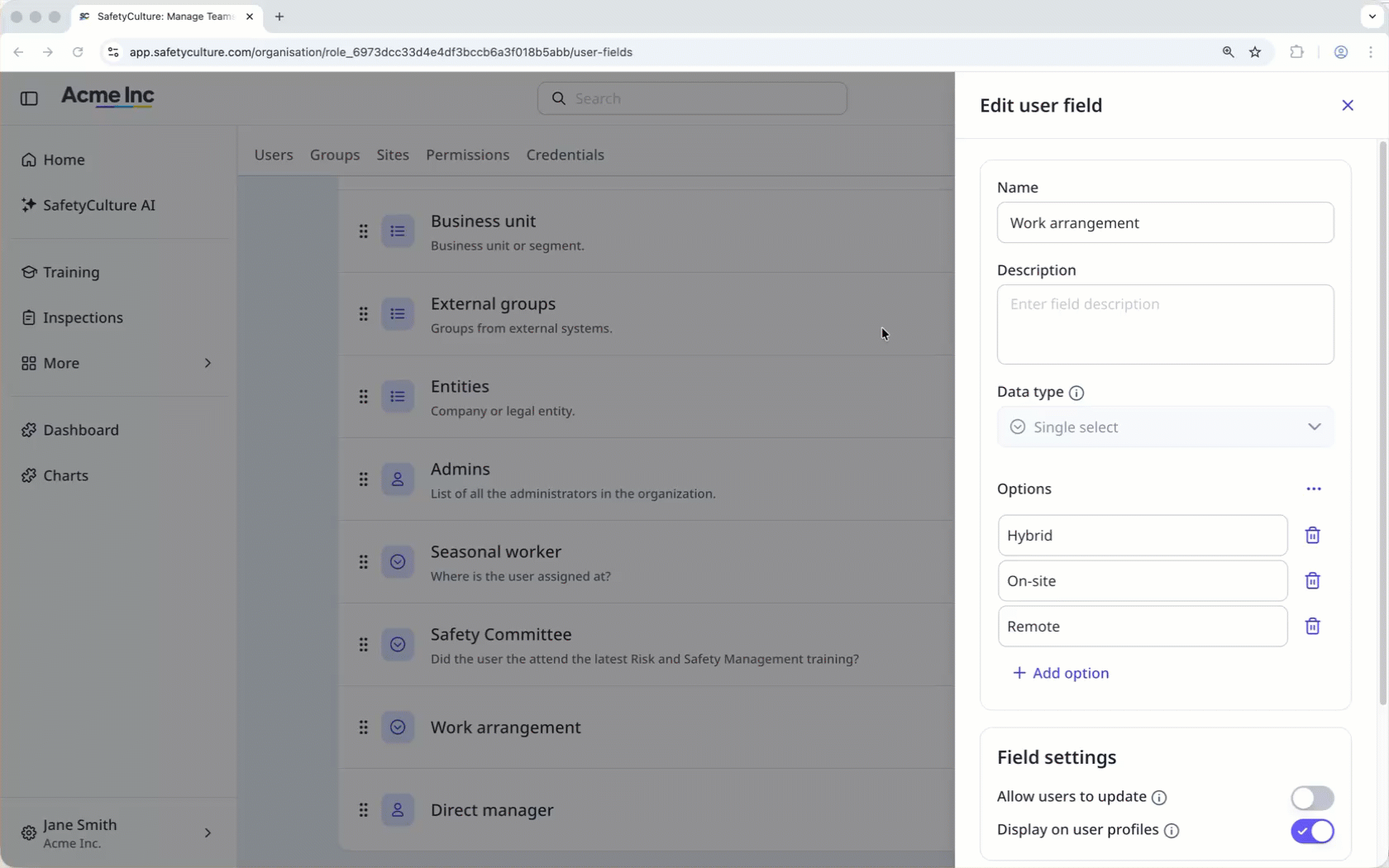Delete all options from a single select user field via the web app.