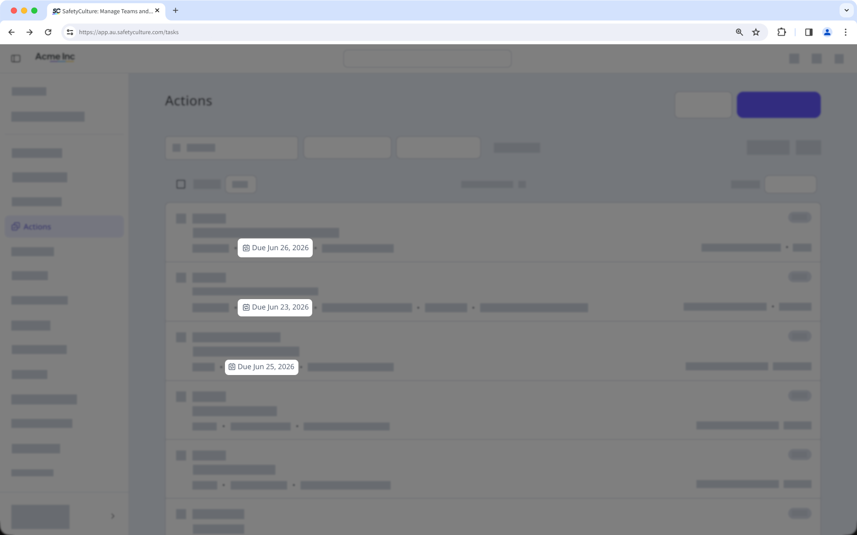Recurring actions displayed on the actions page.