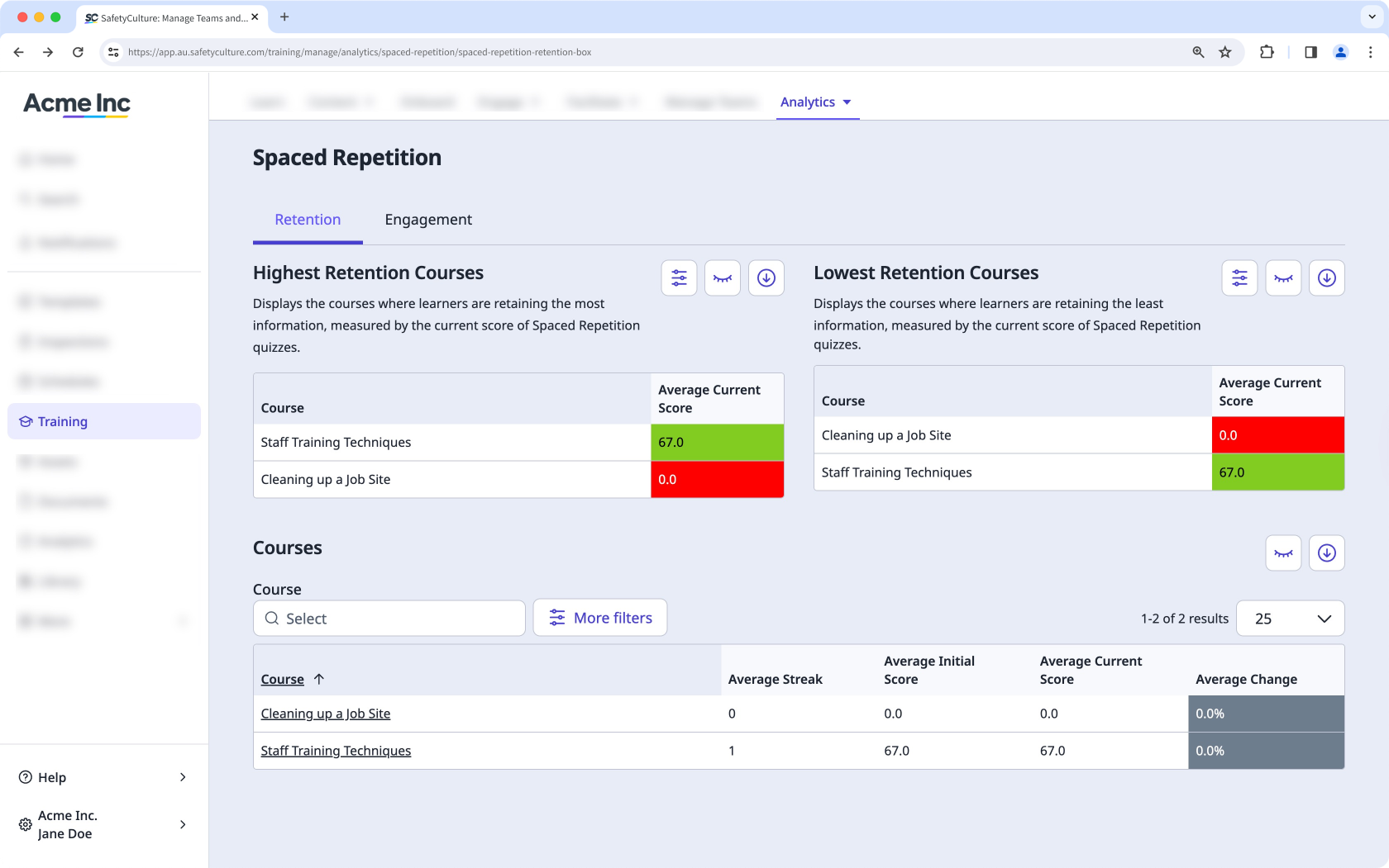 Sie können den Tab „Beibehaltung“ in den Analysen zu Spaced Repetition über die Web-App anzeigen.