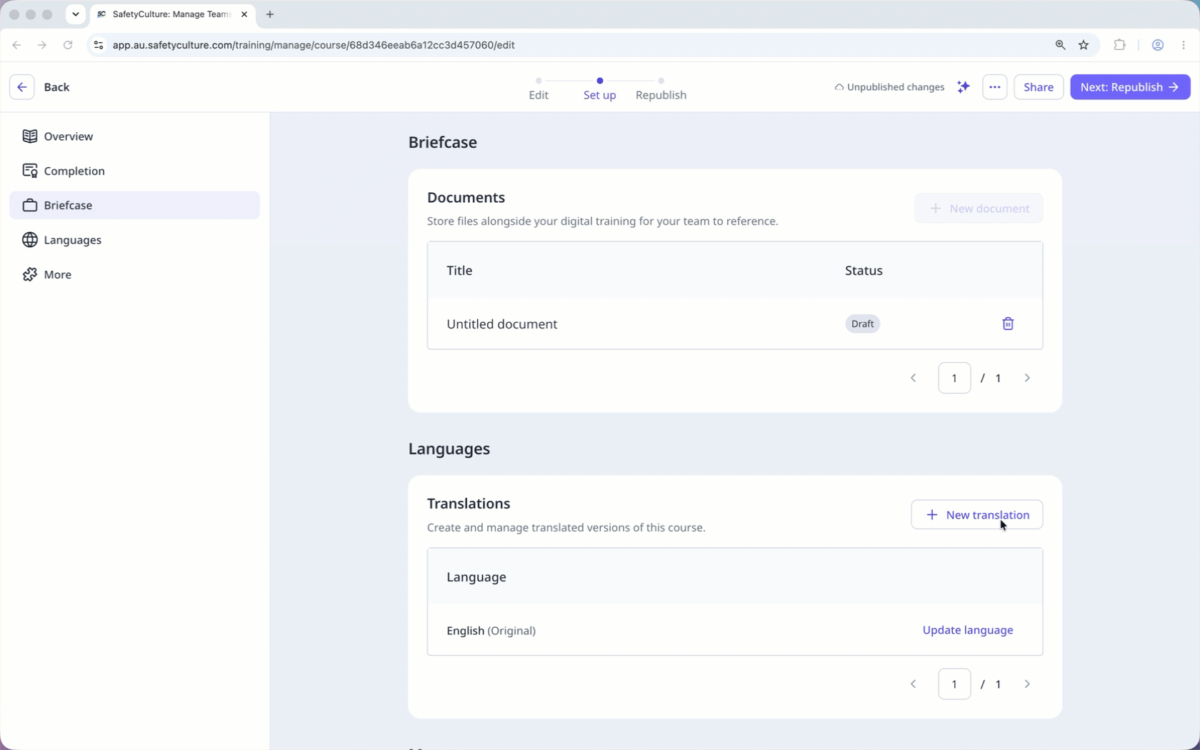 Adding a course translation with AI via the web app.