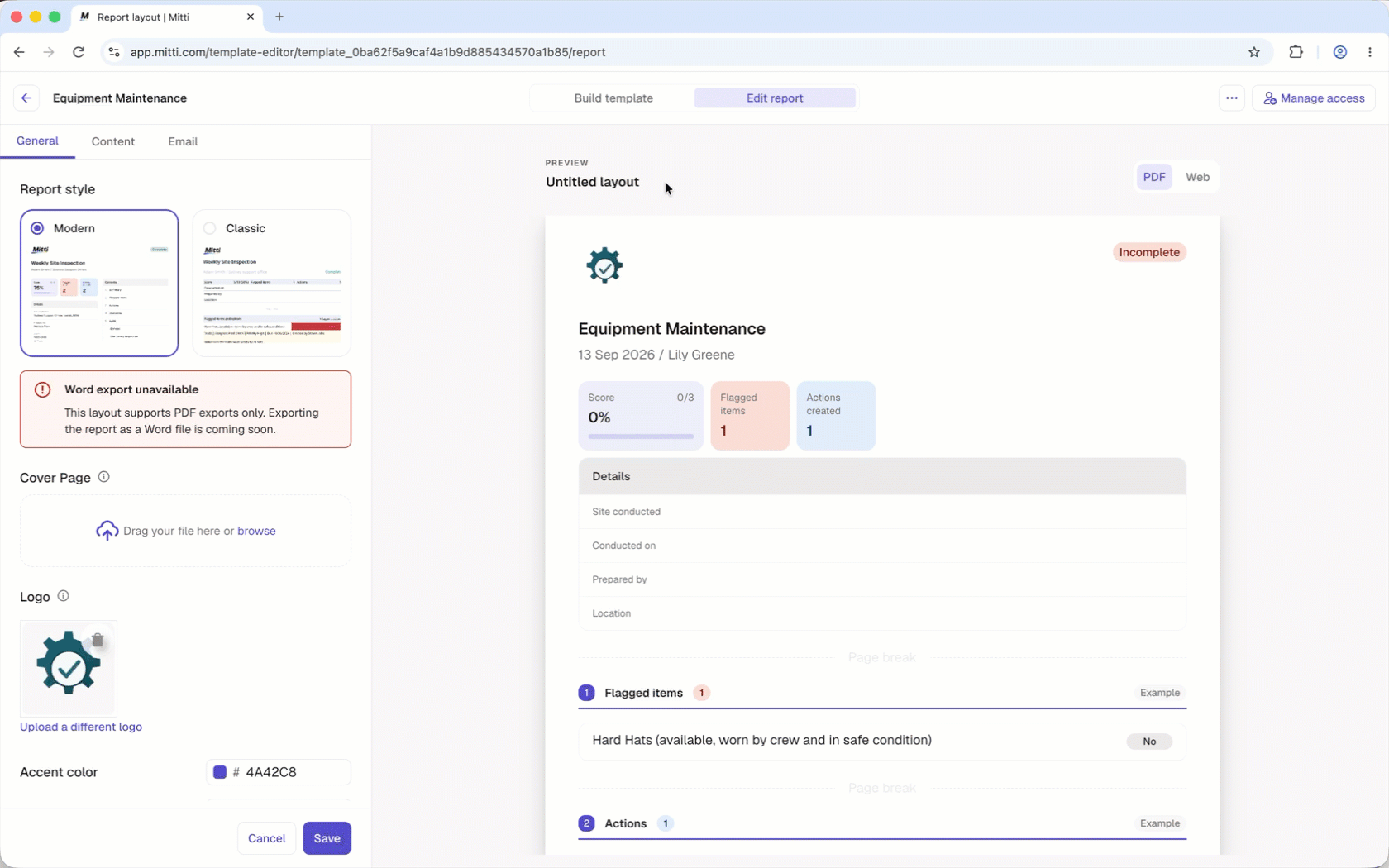 Legen Sie das Design, den Inhalt und die E-Mail-Vorlage für das Layout eines Inspektionsberichts fest.